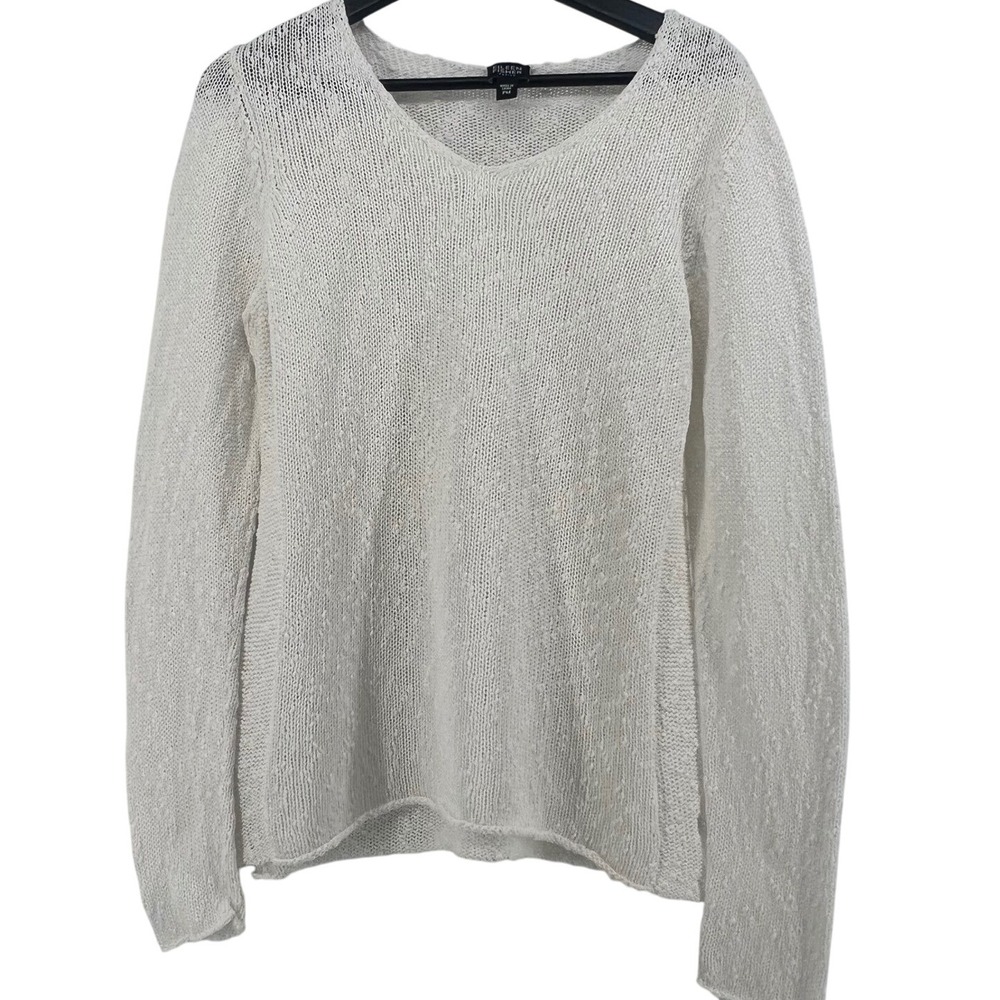 Eileen Fisher White Knit V Neck Long Sleeve Sweater Womens size Petite Medium